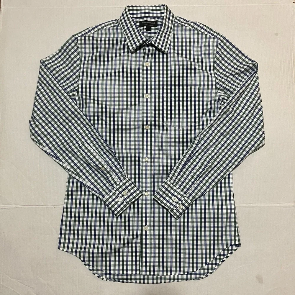 Banana Republic Plaid Check dress shirt non iron slim Mens Size Medium 15 Casual